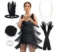 PLULON 1920s Dresses for Women, Sequin Fringed Gatsby Flapper Cocktail Dresses 1920s with 20s Accessories Set, Roaring 20s Costumes
