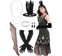 PLULON 1920s Dresses for Women, Sequin Fringed Gatsby Flapper Cocktail Dresses 1920s with 20s Accessories Set, Roaring 20s Costumes