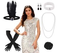 PLULON 1920s Dresses for Women, Sequin Fringed Gatsby Flapper Cocktail Dresses with 20s Accessories Set, Roaring 20s Costumes
