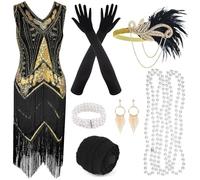 PLULON 1920s Flapper Fringed Sequin Dress with 20s Accessories Set V Neck Gatsby Dress with Flapper Feather Headpiece Long Gloves Necklace Gold Earrings for Women