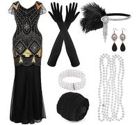 PLULON 1920s Sequin Beaded Fringed Dress with Roaring 20s Accessories Set V Neck Gatsby Dress with Feather Headpiece Gloves Necklace Gold Earrings for Women