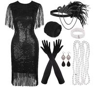 PLULON 1920s Sequin Beaded Fringed Dress with Roaring 20s Accessories Set V Neck Gatsby Dress with Feather Headpiece Gloves Necklace Gold Earrings for Women