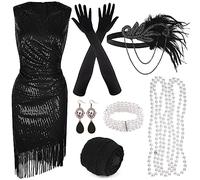 PLULON 1920s Sequin Beaded Fringed Dress with Roaring 20s Accessories Set V Neck Gatsby Dress with Feather Headpiece Gloves Necklace Gold Earrings for Women