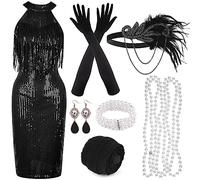 PLULON 1920s Sequin Beaded Fringed Dress with Roaring 20s Accessories Set V Neck Gatsby Dress with Feather Headpiece Gloves Necklace Gold Earrings for Women