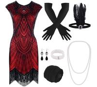 PLULON 1920s Sequin Beaded Fringed Flapper Dress with 20s Accessories Set(Red