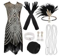 PLULON 1920s Sequin Beaded Fringed Flapper Gatsby Dress with 20s Accessories Set Roaring 20s Costumes Headband Necklace Gloves for Women