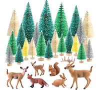 PLULON 30Pcs Mini Christmas Trees Forest Animals Figures Kit, Bottle Brush Trees Sisal Snow Frost Diorama Trees and Woodland Animal Figures Cake Toppers for Christmas Village Decorations