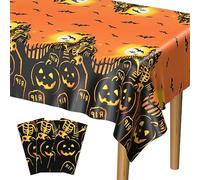 PLULON 3Pack Halloween Tablecloths 137x 274cm Pumpkin Bat Skeleton Skull Plastic Table Cloth Happy Halloween Table Cover for Holiday Dinner Table Decorations Halloween Party Supplies