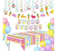 PLULON 42Pcs Easter Decorations, Happy Easter Banner Bunny Bunting Garland Easter Egg Tablecloth Carrot Easter Bunny Hanging Swirls Easter Party Balloons for Spring Party Favors Easter Decor for Home