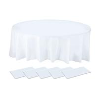 PLULON 5 Pack Round Plastic Tablecloths White Table Cover 84 inch Waterproof PEVA Tablecloth Bulk for Birthday Wedding Picnic Home Party Table Decorations