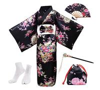 PLULON 5Pcs Japanese Robe Geisha Yukata Dress Blossom Satin Bathrobe with Drawstring Bag Hand Fan Hairpin Tabi Socks Set for Women