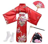 PLULON 5Pcs Japanese Robe Geisha Yukata Dress Blossom Satin Bathrobe with Drawstring Bag Hand Fan Hairpin Tabi Socks Set for Women