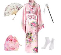PLULON 5Pcs Japanese Robe Geisha Yukata Dress Blossom Satin Bathrobe with Drawstring Bag Hand Fan Hairpin Tabi Socks Set for Women (UK, Alpha, XXL, Regular, Regular, Pink)