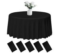 PLULON 5Pcs Round Plastic Tablecloths Black Table Cover 84 inch Waterproof Tablecloth Circle Tablecloth Bulk for Birthday Party Wedding Picnic Home Dining Table Decorations