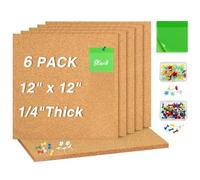 PLULON 6 Pack Cork Bulletin Boards for Wall 12" x 12" 1/4" Thick Self-Adhesive Square Corkboard Tiles Vision Board with 100 Push Pins 50Pcs Sticky Notes for Home School Office Display Supplies