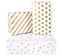 PLULON 6 Sheets Gold Birthday Gift Wrapping Paper, Gold Dots Stripe Star Wrapping Paper for Wedding, Birthdays, Valentines, Christmas