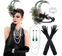 PLULON 7 Pieces 1920s Flapper Great Gatsby Accessories Set Fashion Roaring 20's Theme Set with Headband Headpiece Long Black Gloves Necklace Earrings for Women(Style 6)