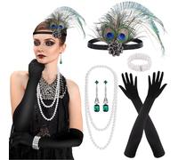 PLULON 7 Pieces 1920s Flapper Great Gatsby Accessories Set Fashion Roaring 20's Theme Set with Headband Headpiece Long Black Gloves Necklace Earrings for Women(Style 5)