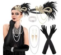 PLULON 7 Pieces 1920s Flapper Great Gatsby Accessories Set Fashion Roaring 20's Theme Set with Headband Headpiece Long Black Gloves Necklace Earrings for Women(Style 4)