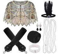 PLULON 8 Pcs 1920s Flapper Accessories Set for Women, Great Gatsby Dresses Sequin Shawl Wraps Roaring 20s Dresses for Party with Feather Headband