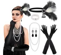 PLULON 8 Pieces 1920s Flapper Great Gatsby Accessories Set Fashion Roaring 20's Theme Set with Headband Headpiece Long Black Gloves Necklace Earrings for Women