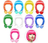 PLULON 9 Pcs Colorful Short Bob Wig and 9 Pcs Sunglass Set, Neon Colored Wigs Cosplay Wigs Daily Party Hairpieces for Bachelorette Glow in The Dark Neon Party Favors Halloween Decorations Supplies