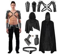 PLULON 9Pcs Men Renaissance Costume Viking Medieval Knight Halloween Costume Hooded Cloak Retro Shawl PU Leather Belt Shoulder Armor Buckle Bracers Sword Frog Bottle Holder Cork Bottle Accessories
