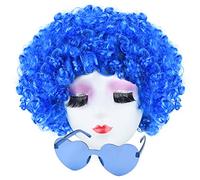 PLULON Blue Medium Afro Wigs and Sunglass Set, Curly Afro Wigs Sunglass Pack Costume Colorful Cosplay Wig Hairpieces for Bachelorette Neon Party Favors, Halloween Decorations