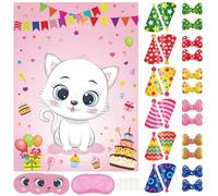PLULON Cat Party Game for Kids Pin The Hat Bow Tie on The Cat Birthday Game Poster with Hats Bow Tie Stickers for Boy Girl Birthday Summer Party Favors Wall Decorations Classroom Activities