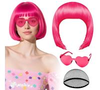 PLULON Hot Pink Bob Wig with Heart Sunglasses and Hair Cap, Colorful Short Bob Wigs Synthetic Party Wigs Funny Cosplay Hairpieces for Women Men Daily Bachelorette Halloween Costume Party Decorations