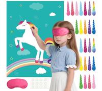 PLULON Pin The Horn On The Unicorn for Kids Birthday Party Game, Unicorn Party Supplies Favors Girls Rainbow Birthday Decorations Poster Home Family Wall Decorations for Girl Boy Classroom Activities