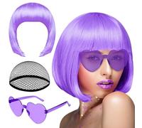 PLULON Purple Bob Wig and Sunglass Set, Neon Short Bob Wig Sunglass Pack Costume Colorful Cosplay Wig Hairpieces for Bachelorette Neon Party Favors, Halloween Decorations