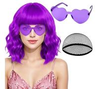 PLULON Purple Short Wavy Wig Heart Sunglasses for Women, Bob Style Shoulder Length Wigs with Bangs Daily Hairpieces for Girls Valentine's Day Bachelorette Party Birthday Musicals Princess Theme Decors