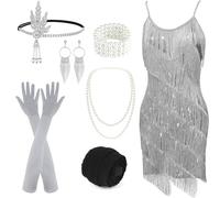 PLULON Women's 1920s Gatsby Sequin Fringed Vintage Flapper Dress Cocktail Party Dress with 20s Accessories Costume Set for Evening Prom (Gray)