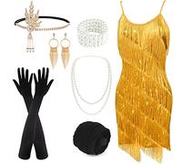 PLULON Women's 1920s Gatsby Sequin Fringed Vintage Flapper Dress Cocktail Party Dress with 20s Accessories Costume Set for Evening Prom (Gold)