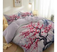 Plum Blossom Ink Art Duvet Cover King Size 230×220 cm Red Grey Watercolour Asian Style Bedding Set Ultra Soft Microfibre Quilt Cover with Zipper Closure 3-Piece with 2 Pillowcases