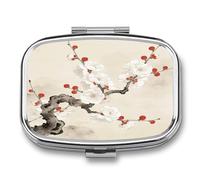 Plum Blossoms Adorned with Red Pill Box 2-Compartment Portable Travel Square Pill Case Daily Pill Holder with Store Vitamins Pocket Medicine Organizer for Office Home Fish Oil