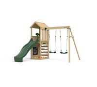 Plum Childrens Garden Lookout Tower Wooden Play Centre with 8ft Slide - Climbing Wall and Ladder - Binocular Accessory Included - Suitable for Children 3 Years Plus (Forest Green Tower and Swings)