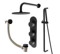 Plum&clay Emilia Black Round 3 Way Concealed Thermostatic Shower Valve With Fixed Head, Slider Riser Rail & Bath Overflow Filler
