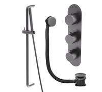 Plum&clay Emilia Grey Round 2 Way Concealed Thermostatic Shower Valve With Slider Riser Rail Shower Handset & Overflow Bath Filler