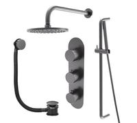 Plum&clay Emilia Gun Grey Round 3 Way Concealed Thermostatic Shower Valve With Fixed Head Slider Riser Rail & Bath Overflow Filler