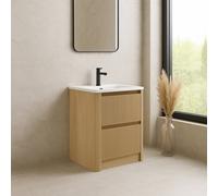 Plum&clay Isla Ribbed Fluted Oak 2 Drawer Freestanding Bathroom Vanity Unit & White Basin Set (W)600mm