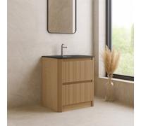 Plum&clay Isla Ribbed Fluted Oak Wood 2 Drawer Freestanding Bathroom Vanity Unit & Black Basin Set (W)800mm