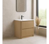 Plum&clay Isla Ribbed Fluted Oak Wood 2 Drawer Freestanding Bathroom Vanity Unit & White Basin Set (W)800mm