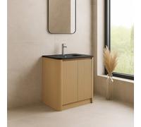 Plum&clay Isla Ribbed Fluted Oak Wood Freestanding Bathroom Vanity Unit & Black Basin Set (W)800mm