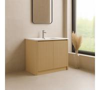Plum&clay Isla Ribbed Fluted Oak Wood Freestanding Bathroom Vanity Unit & White Basin Set (W)1000mm