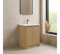 Plum&clay Isla Ribbed Fluted Oak Wood Freestanding Bathroom Vanity Unit & White Basin Set (W)600mm