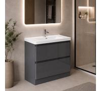 Plum&clay Marvel Floor Standing Bathroom Vanity Unit In Dark Grey Gloss With Ceramic Basin (W)900mm