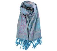 Plum Feathers Pashmina Scarf with Ethnic Tapestry Style Paisley Pattern - 67" x 28" Everyday Pashmina Travel Wrap and Shawl, Turquoise Tapestry, One Size