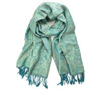 Plum Feathers Tapestry Ethnic Paisley Pattern Pashmina Scarf, Mint Turquoise Tapestry, One Size